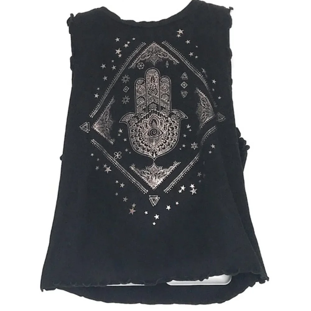Rebellious One Teen Girls Juniors Hamsa Hand Graphic Black Tank Top Tee Medium
